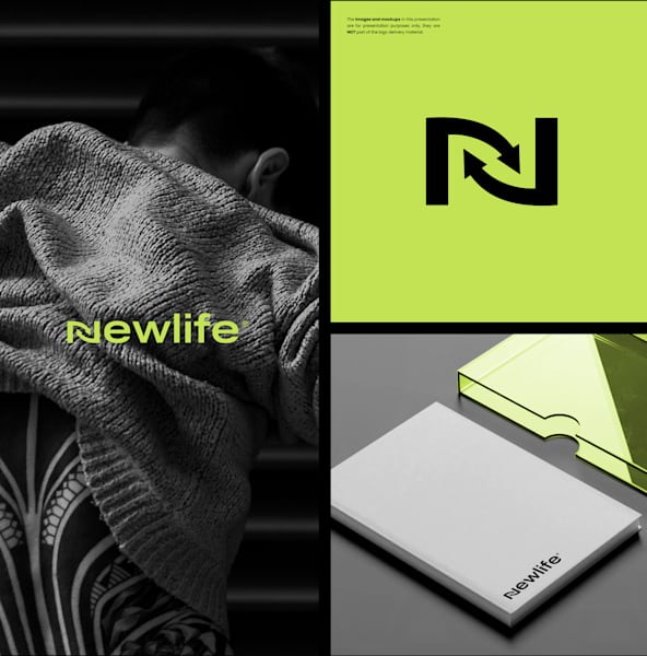 A brand logo featuring a neon green background and a stylized black N, the word Newlife in neon green cover a black and white image of a sweater and a white notebook with the Newlife logo in black in the corner, next to a neon green case