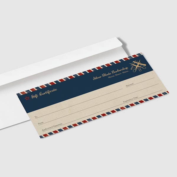 A geometric business card in green and blue tones, alongside a pencil and a cup. A perfect example of PDF template creation.