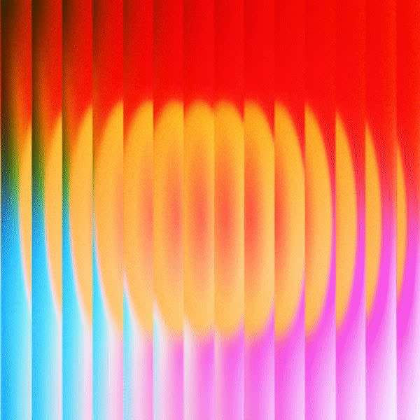 A red, orange, blue and pink image featuring a circle in the center and vertical lines to create a glowing look