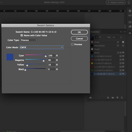 Screenshot showing how to set the color space of individual swatches in InDesign