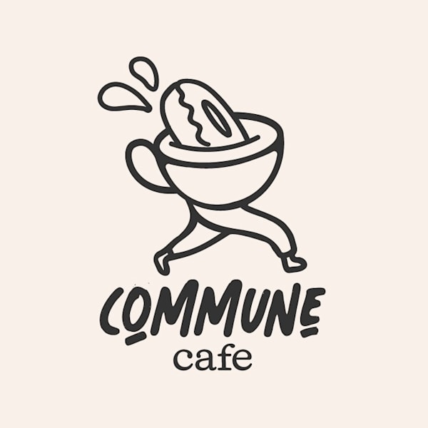 Commune cafe logo with playful and simple mug and donut character