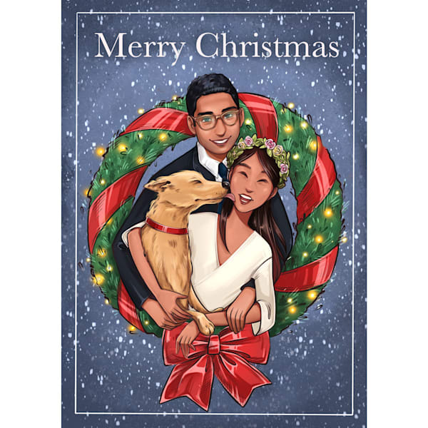 Illustrated holiday card featuring a pet