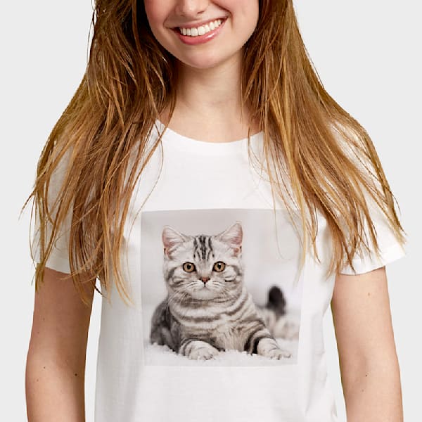 Cat photo printed on a white T-shirt
