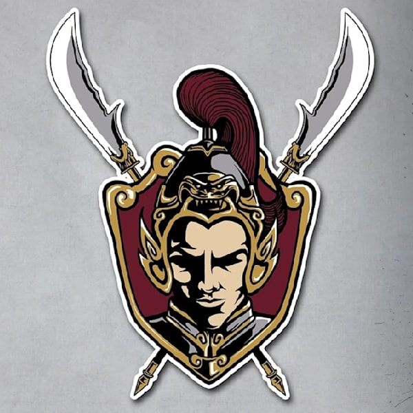 Warrior in a shield with crossed weapons mascot