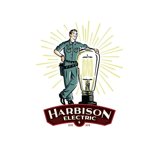 An electrician standing next to a lightbulb for an electrician logo