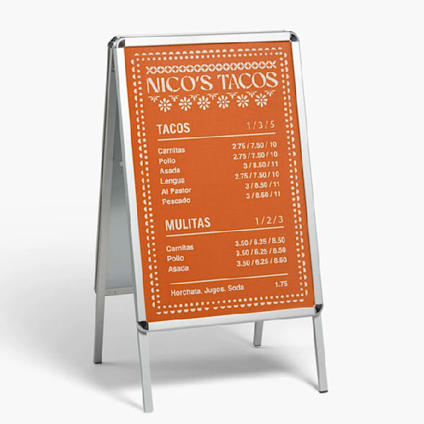 Marketing signage A-frame sign for tacos.