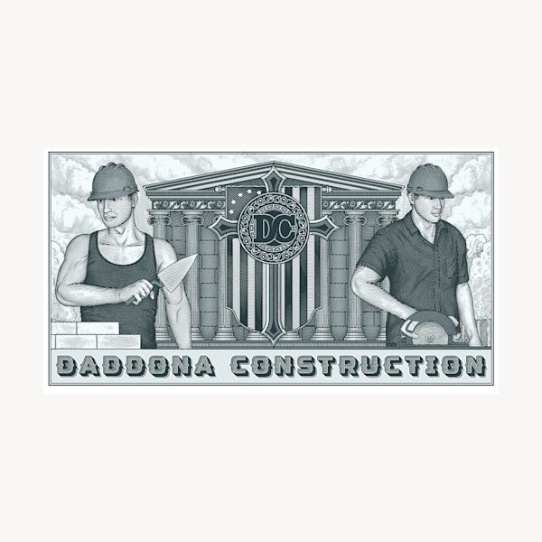 intricate line drawn logo with two constructor figures