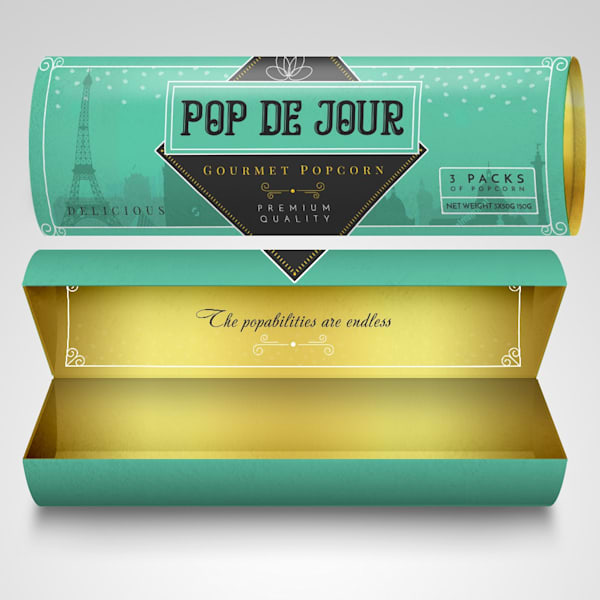 Gourmet popcorn packaging shaped as a tube case, an example of the Double Take Packaging trend 2026