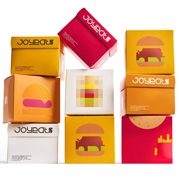 Individual packaging boxes for burgers that feature pixelated images of burgers and burgers created with the clever use of white space, an example of the Double Take Packaging packaging trend 2026