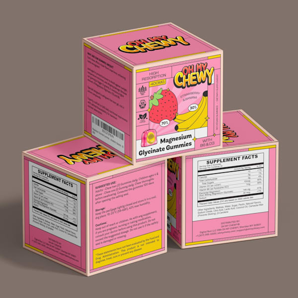 Playful gummy supplement box with retro type, bold colors and vintage poster vibe—an example of the Alt-History packaging trend 2026