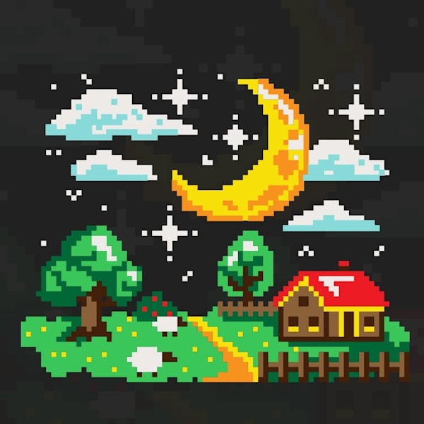 A pixelated illustration of a farm as an example of the Digi-Cute graphic design trend 2026