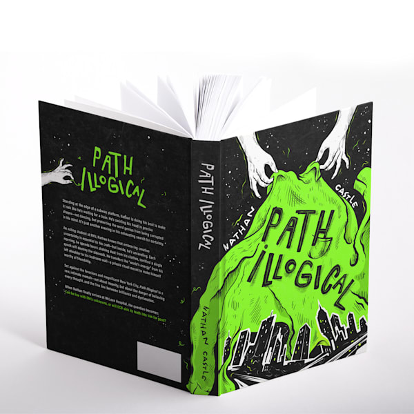 A black book cover featuring two white hands holding a neon green sheet saying Path Illogical, which is being pulled up to reveal a cityscape