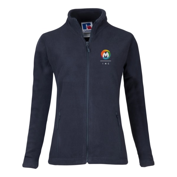 A photo of a branded fleece jacket with a multi-colored brand logo embroidered at the top-left of the jacket