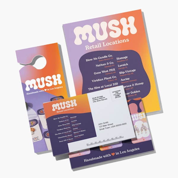 A range of multicolored marketing collateral including a hanging card, postcard and poster, all featuring a consistent logo