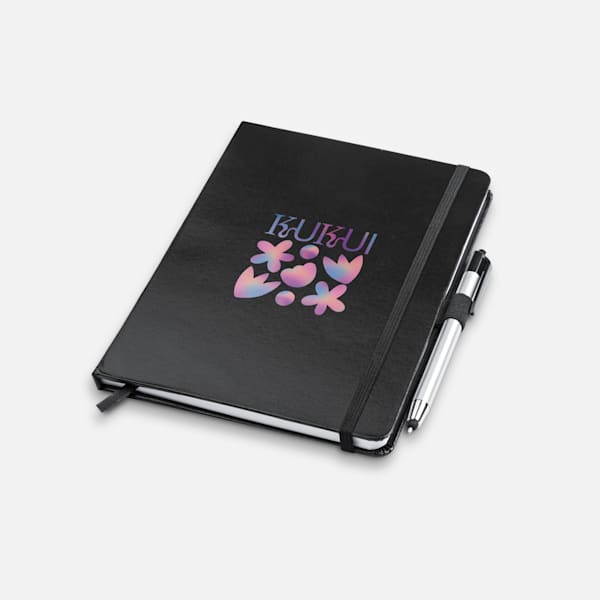 Branded hardcover journal paired with a sleek metal pen