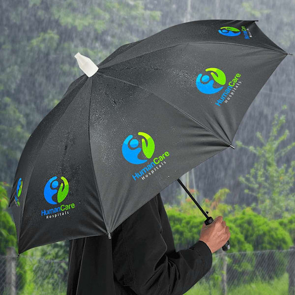 Black umbrella with the brand logo printed on every panel