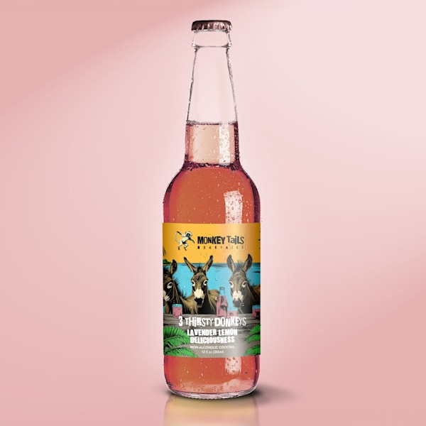 Vintage label design for a mocktail brand Monkey Tails featuring a collage of three donkeys.