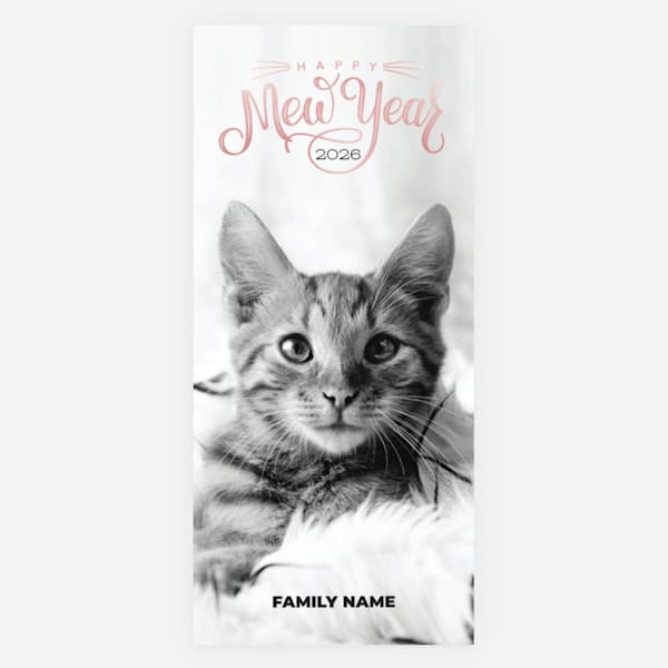 Front of family New Years card with photos of a cat.