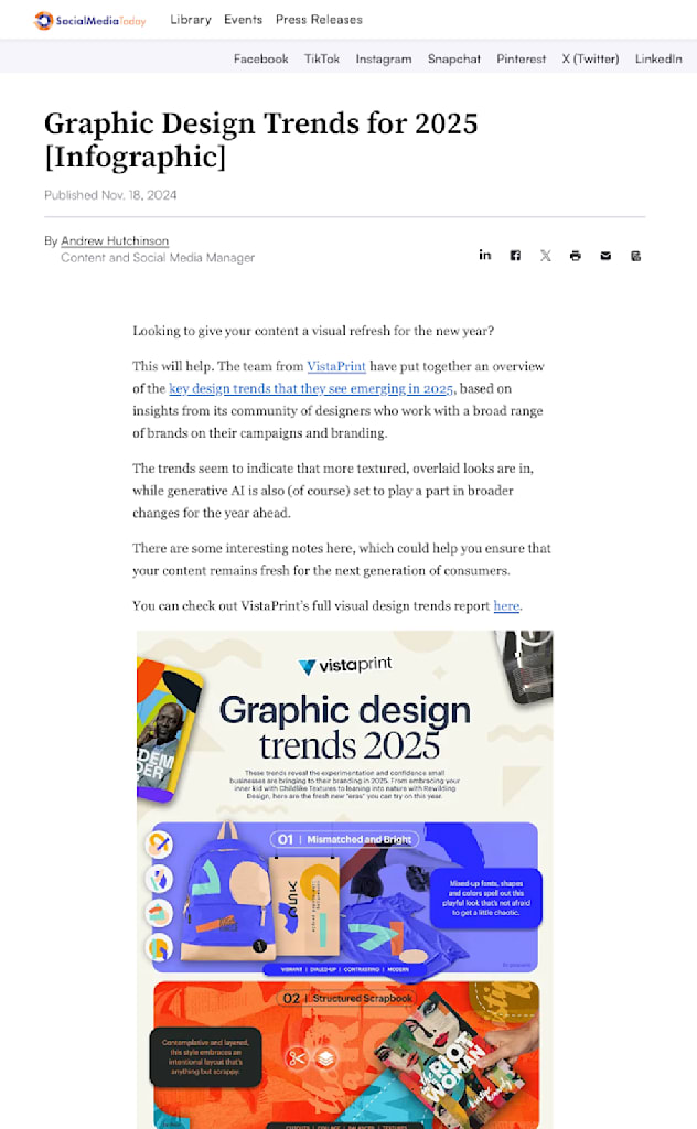 SocialMediaToday blog promoting the VistaPrint Graphic design trends 2025 infographic.