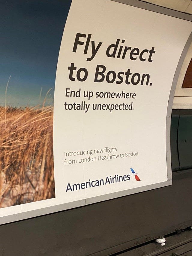 Airline ad showing a beach photo and text