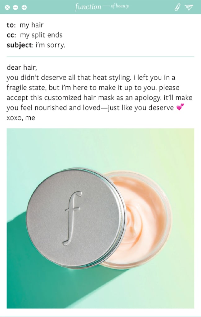 an apology letter to damaged hair with a half-opened canister of hair mask at the bottom