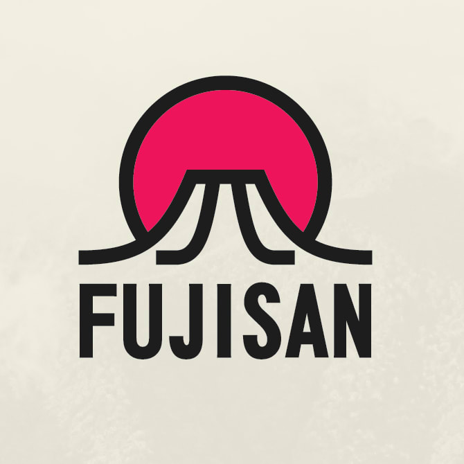 red, black and white logo depicting Mt. Fuji and the rising sun