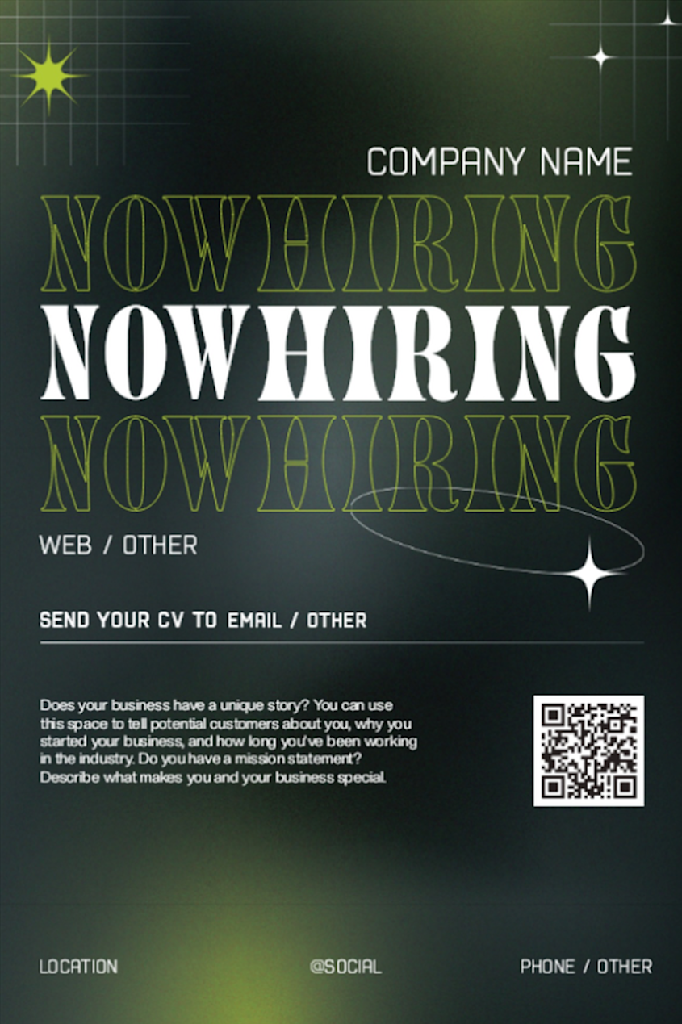 A ‘now hiring’ recruitment poster template for businesses