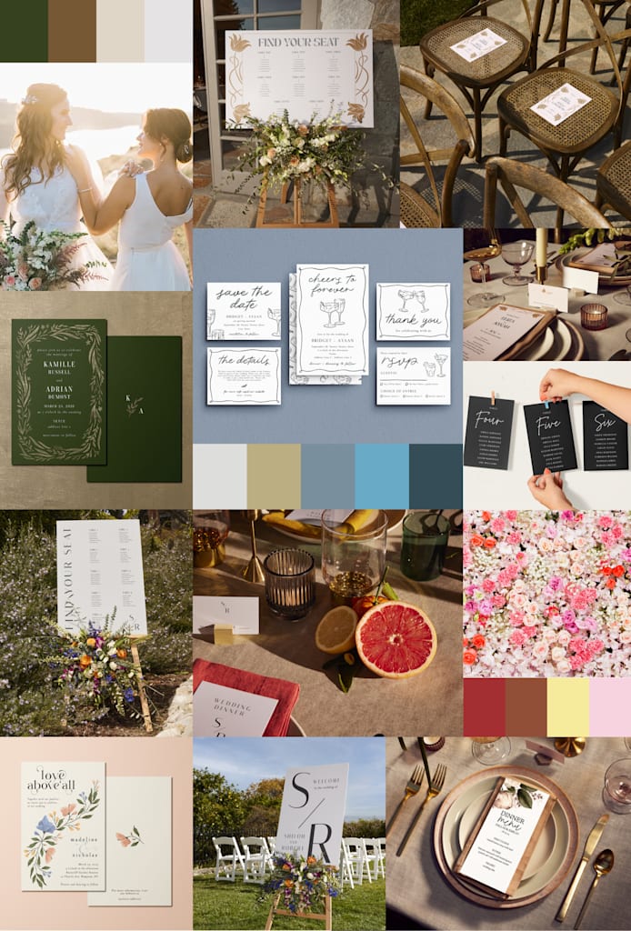 Mood board collage of different styles examples of wedding seating charts as well as flowers, a photo of a couple, table arrangements and colour palettes