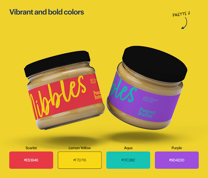 Scarlet, lemon yellow, aqua and purple colors.