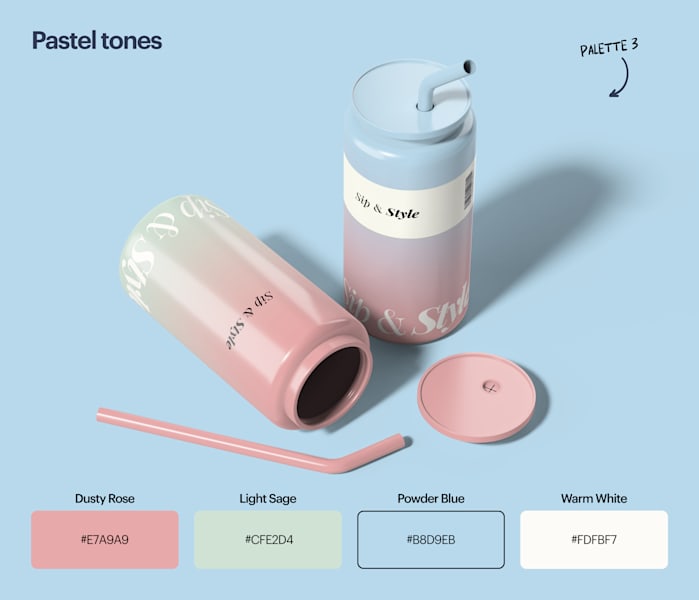 Dusty rose, light sage, powder blue and warm white colors