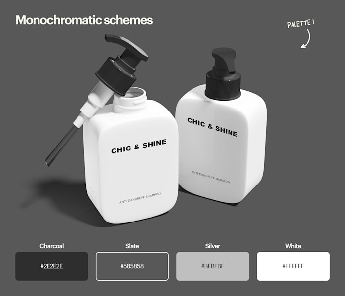 Charcoal, slate, silver and white colors.