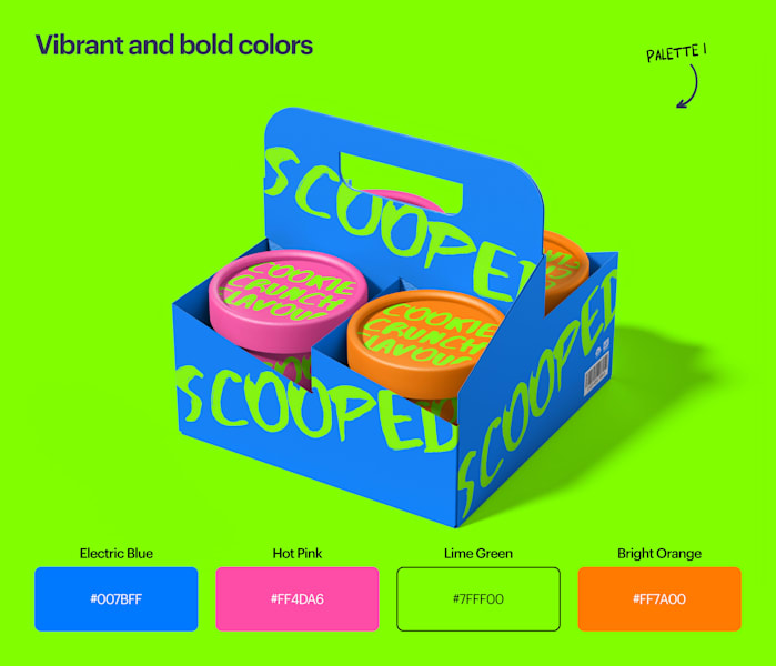 Electric blue, hot pink, lime green and bright orange colors