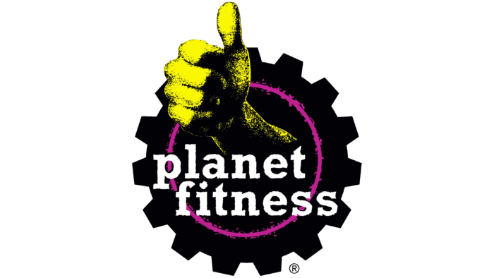 Planet Fitness logo featuring a hand showing the thumbs up gesture, a cog, spray paint elements and neon colours