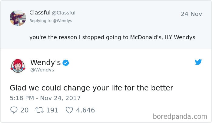 Capture d'écran d'une interaction entre Wendy's et un fan sur Twitter