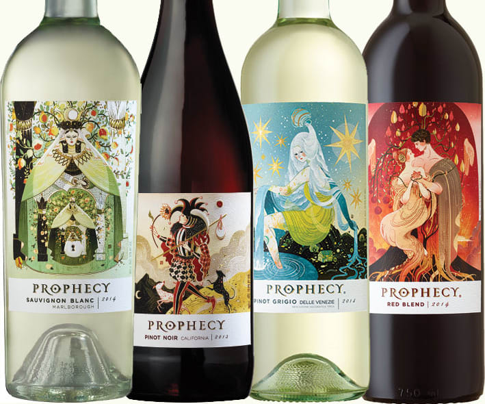 collection of Prophecy wine bottles beside each other