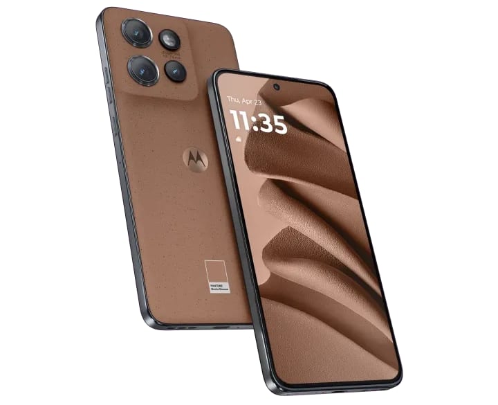 Both sides of a motorola smartphone in a mocha mousse tone