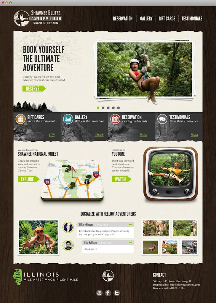 Adventure tourism website with multiple navigation links, promotional content blocks, image galleries, maps, testimonials and several calls to action.