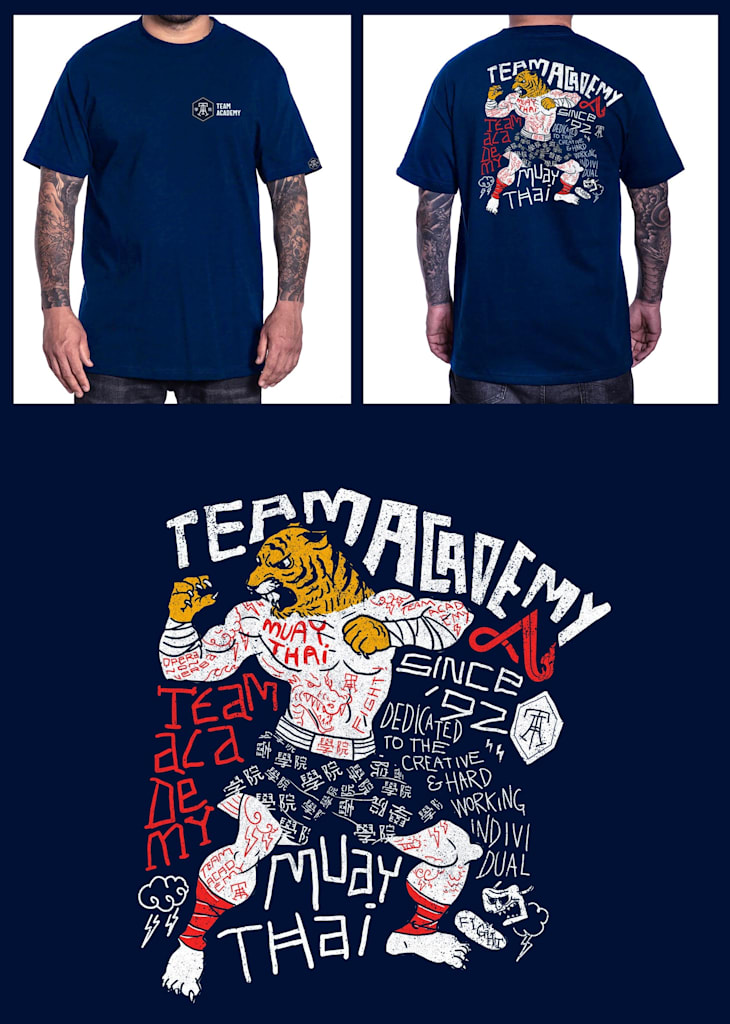 navy, white and red fighting tiger illustration for muy thai brand t-shirt