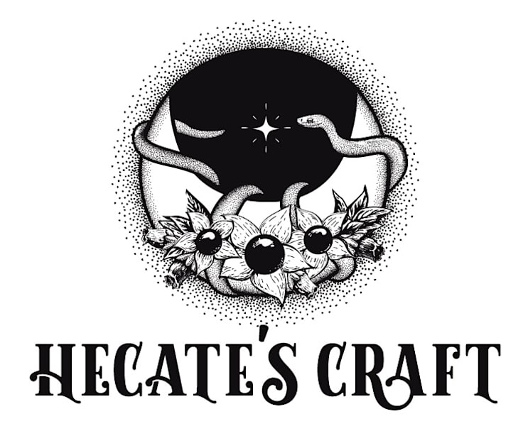 Snake wrapped around crescent moon with flowers and leaves