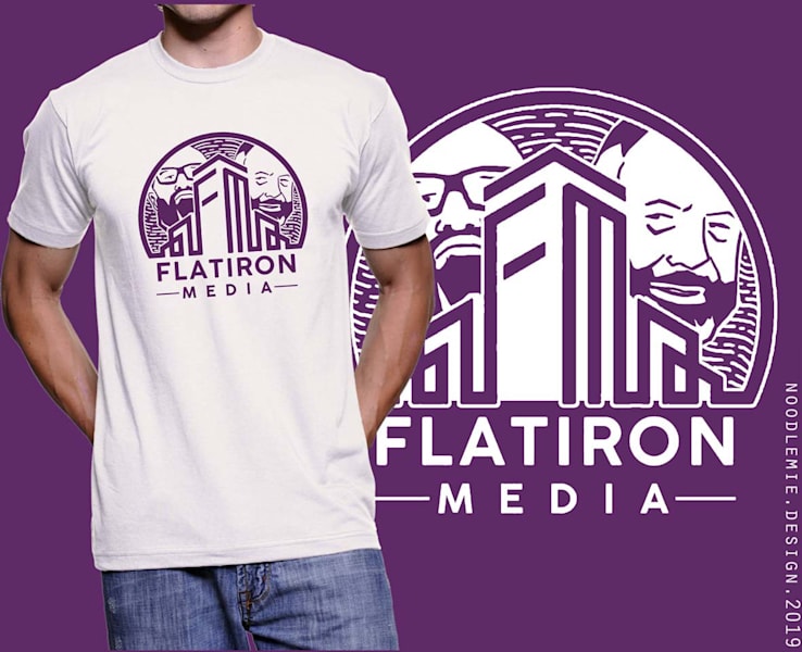 media company white T-shirt with a purple design