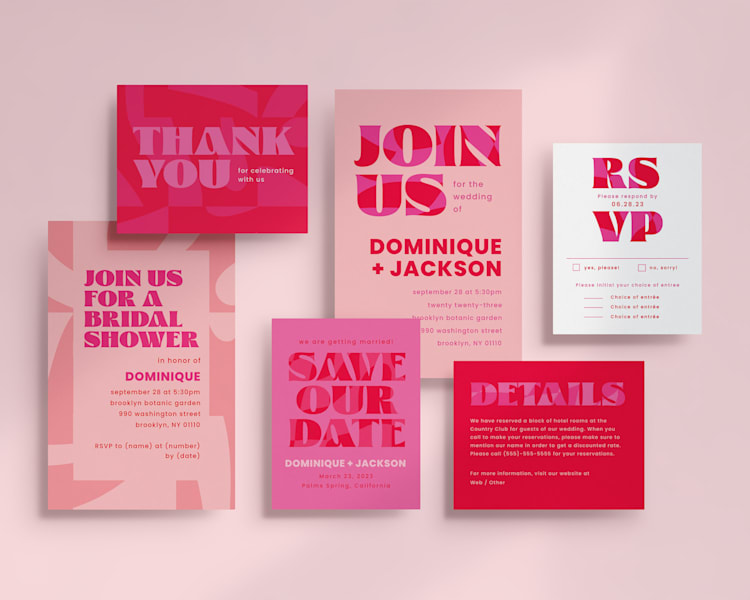 Modern pink and red wedding stationery set including save the date, bridal shower, RSVP, and thank you cards