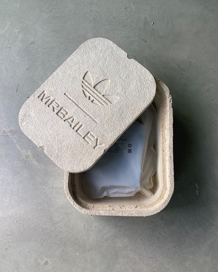 A biodegradable shoe box for the OZLUCENT shoe made with mushroom material