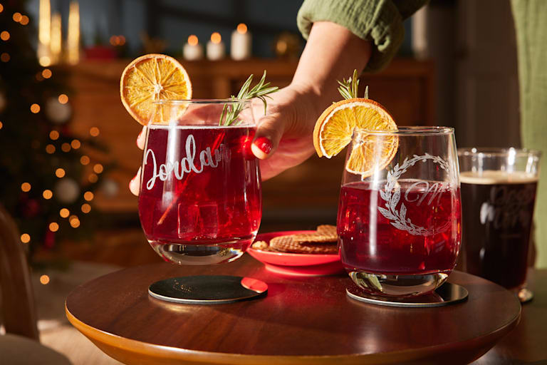 Etched wine glasses with garnishes