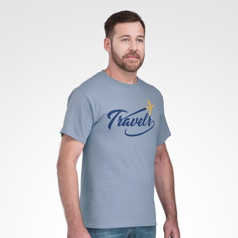 A man in a blue-gray custom Hanes T-shirt