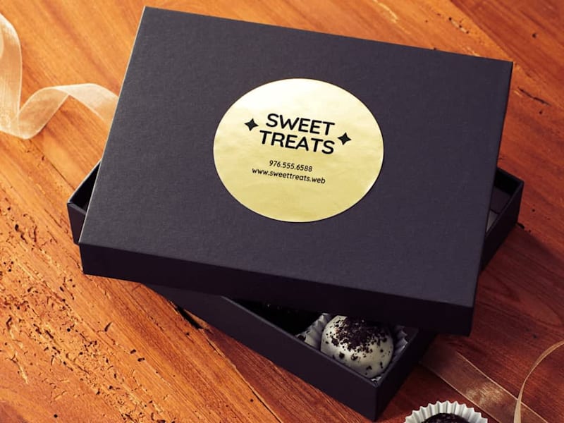 Branded golden foil sticker on confectionery store packaging