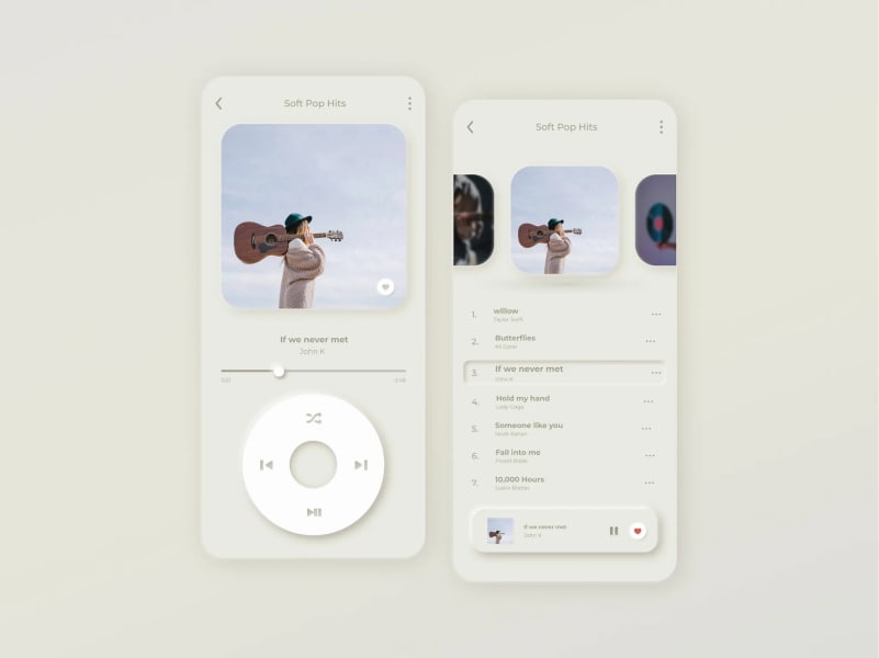 A music player user interface, demonstrating some of the design features of Light Skeumorophism