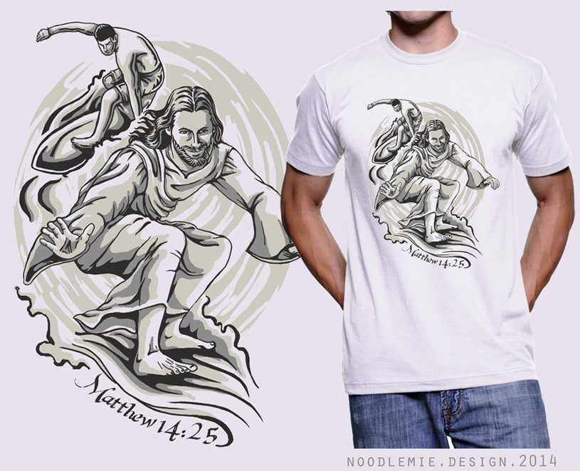 Full front t-shirt design of Jesus surfing citing Matthew 14:25