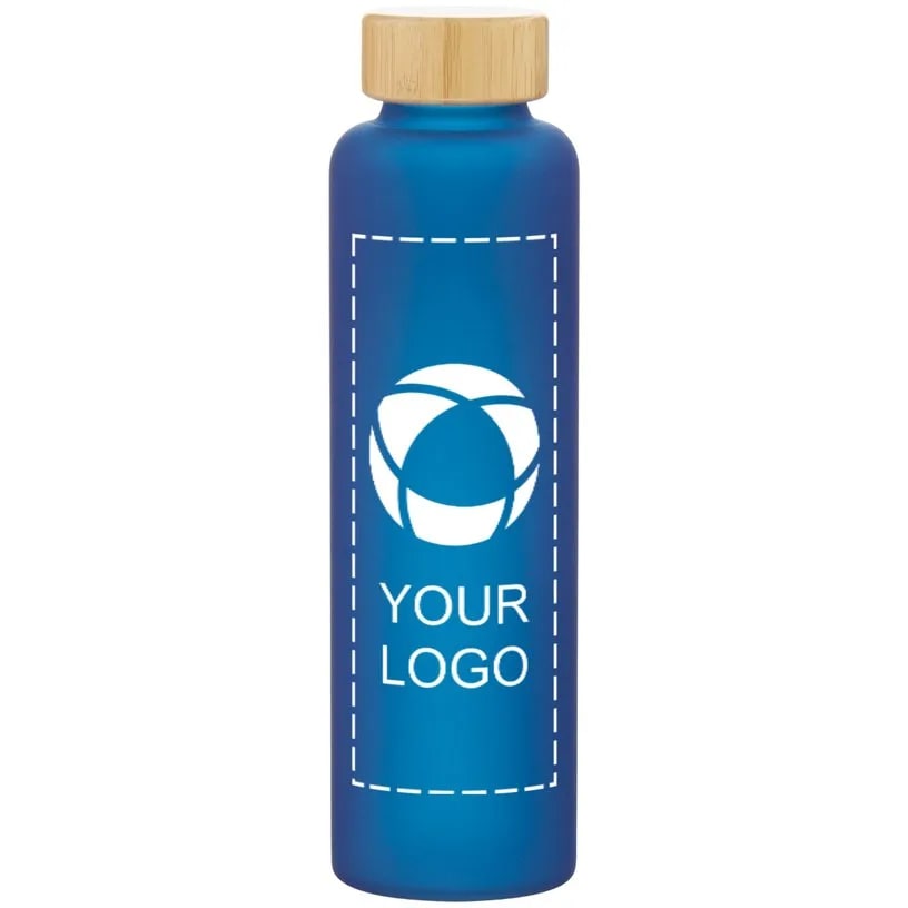 blue glass water bottle with a bamboo lid