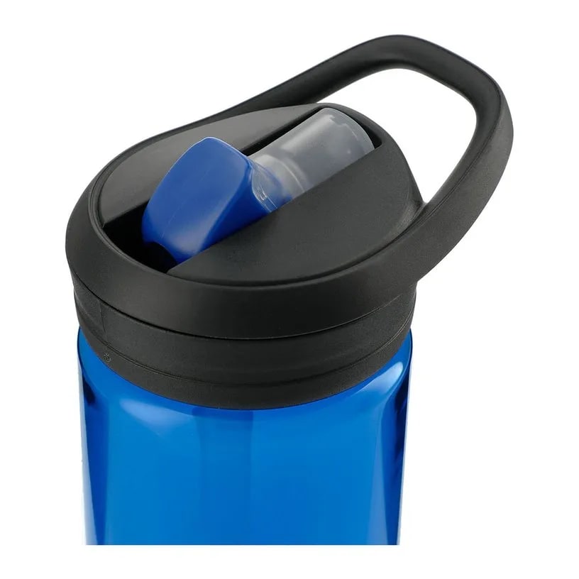 blue recycles plastic water bottle with a straw
