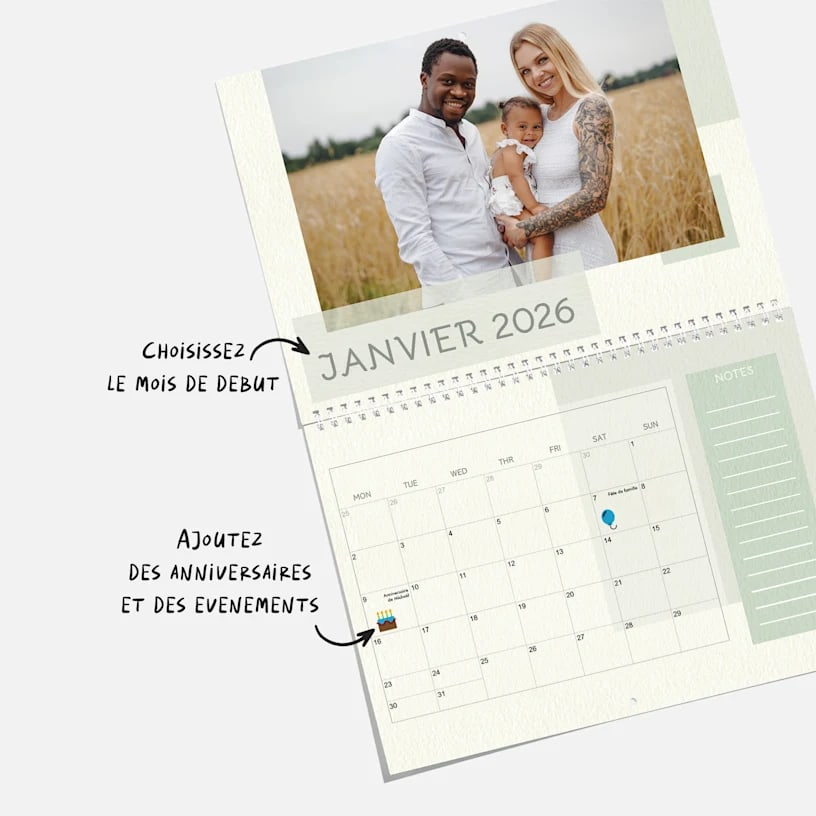 Calendrier photo avec des dates importantes mises en valeur